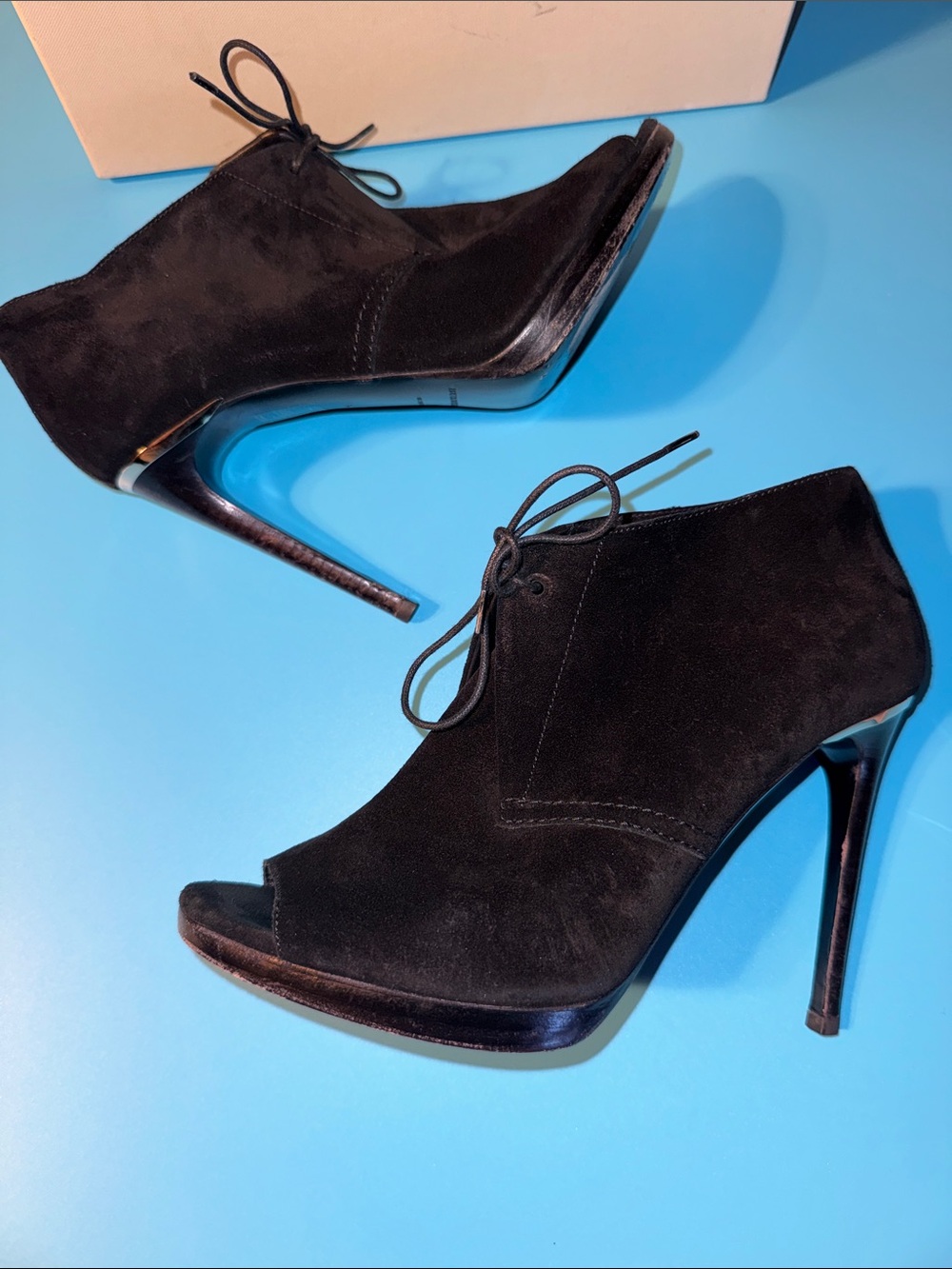 BURBERRY Black Suede Leather Peep Toe Lace Up Heels NICE